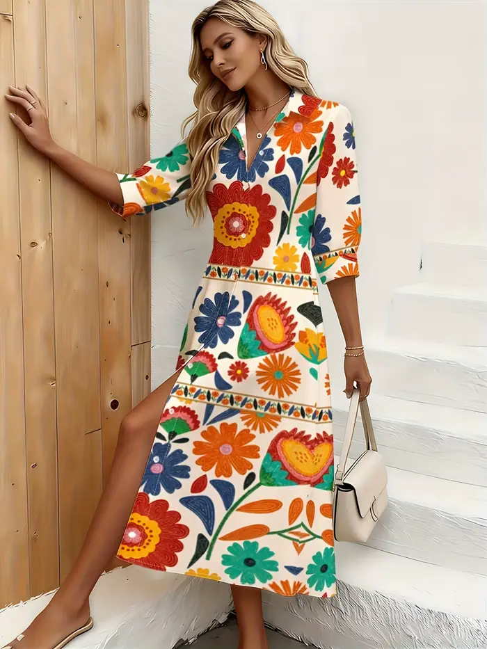 Robe chemise boutonnée à imprimé floral coloré beige pour femme