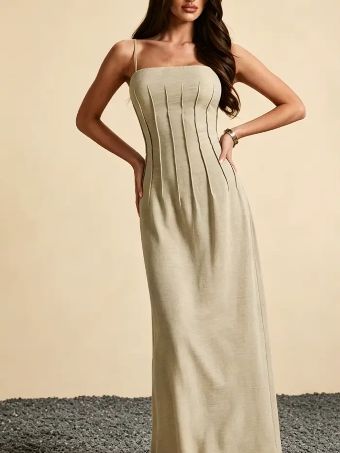 Robe longue d'été sans manches en polyester drapée à la française pour femmes, élégante et confortable pour occasions spéciales