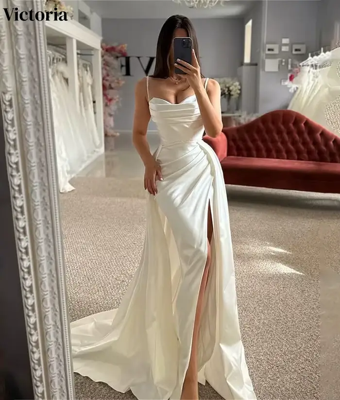 Robe de soirée sirène sexy personnalisée Victoria en satin avec bretelles spaghetti