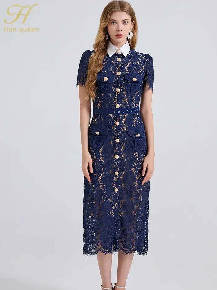 H Han Queen élégant France femmes simple boutonnage dentelle robes femme évider à manches courtes Vintage robe mi-longue