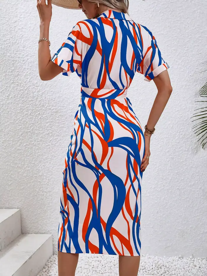 Robe chemise midi imprimée pour femme, style vacances à la française, col en V, cintrée à la taille, avec fente amincissante.