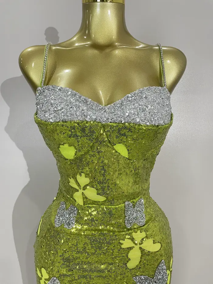 Élégant brillant papillon cristal Sexy licou vert moulante longue robe femmes célébrer soirée fête d