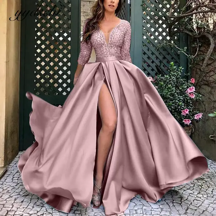 Robes de soirée roses à manches trois-quarts pour femmes