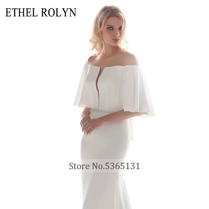 Élégant col bateau sirène robes De mariée Satin manches chauve-souris Illusion dos nu ETHEL ROLYN robe