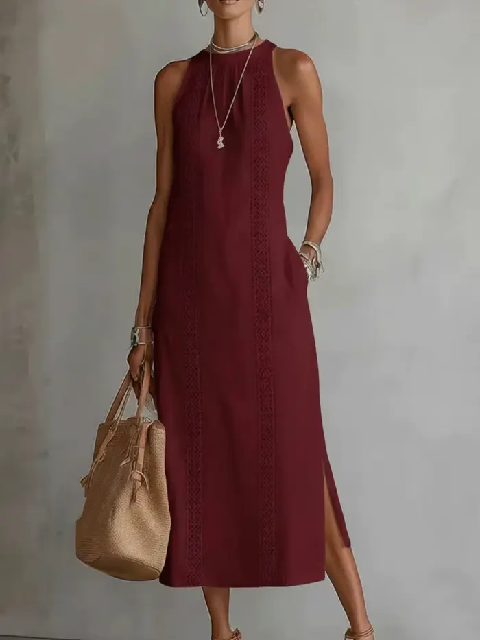 Collection Printemps 2026 Vêtements Femme : Robe de Vacances à Col Noué avec Accents en Dentelle Couleur Unie