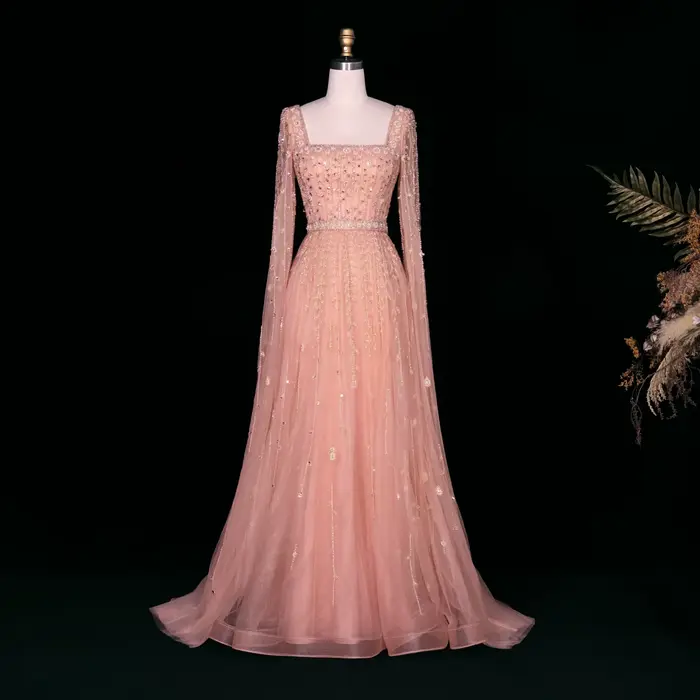 Robe de soirée de luxe rose Sharon Said pour femme, col carré, manches courtes, tenue de cérémonie m