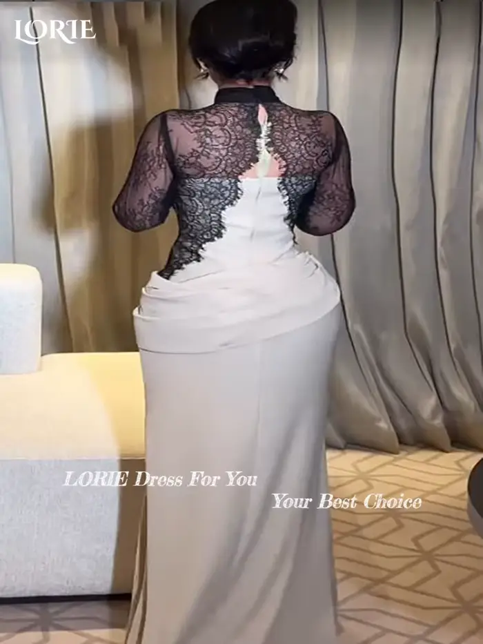 Robe de Soirée Sirène Modeste en Crêpe Élégante à Col Montant avec Appliques en Dentelle et Plis, Robe de Bal et de Fête Style Arabe, Personnalisable