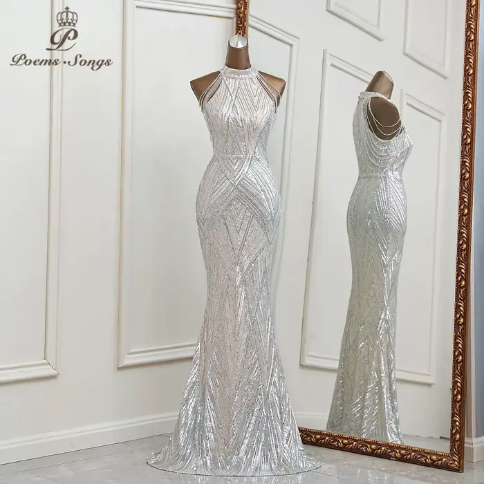 Robe de soirée sirène argentée personnalisée sans manches pour femmes, élégante et sophistiquée pour les soirées officielles et les occasions spéciales