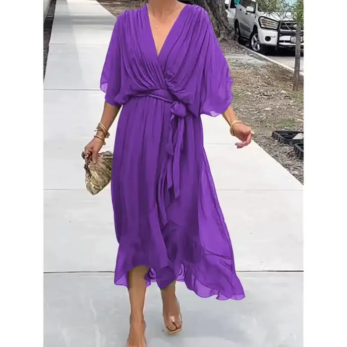 Robe en mousseline de soie asymétrique avec col en V et manches chauve-souris pour femmes, élégante et à la mode pour printemps et été