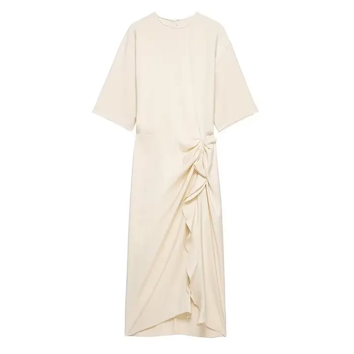 Robe longue plissée beige dos nu pour femme, nouvelle collection printemps-été 2026, style décontrac
