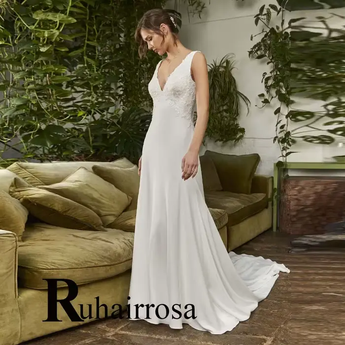 Ruhair robes De mariée modernes col en v bouton sans manches trompette paillettes Court Train