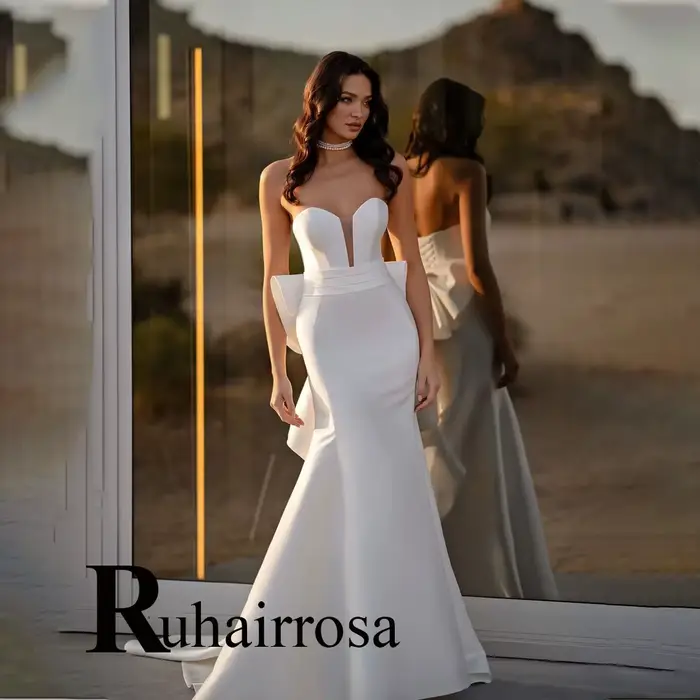 Ruhair charmante chérie robes de mariée pour mariée froncé Bowkont sirène sans manches à lacets Abit