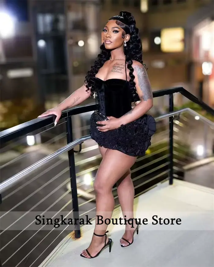 Robe de bal courte noire exquise corset volants soirée bal anniversaire retour élégante femmes