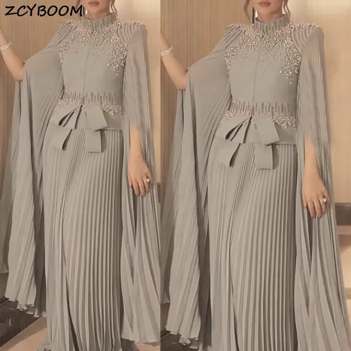 Robes de soirée gris pour la mère de la mariée 2026, manches longues, en mousseline plissée, ornées 