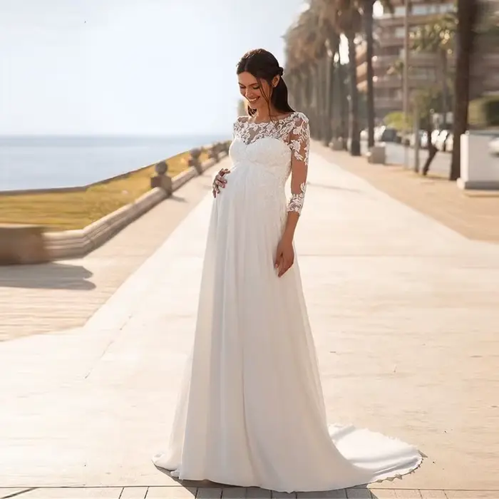 Robe De mariée pour femme enceinte en mousseline De soie et dentelle, manches longues, élégante, Rob