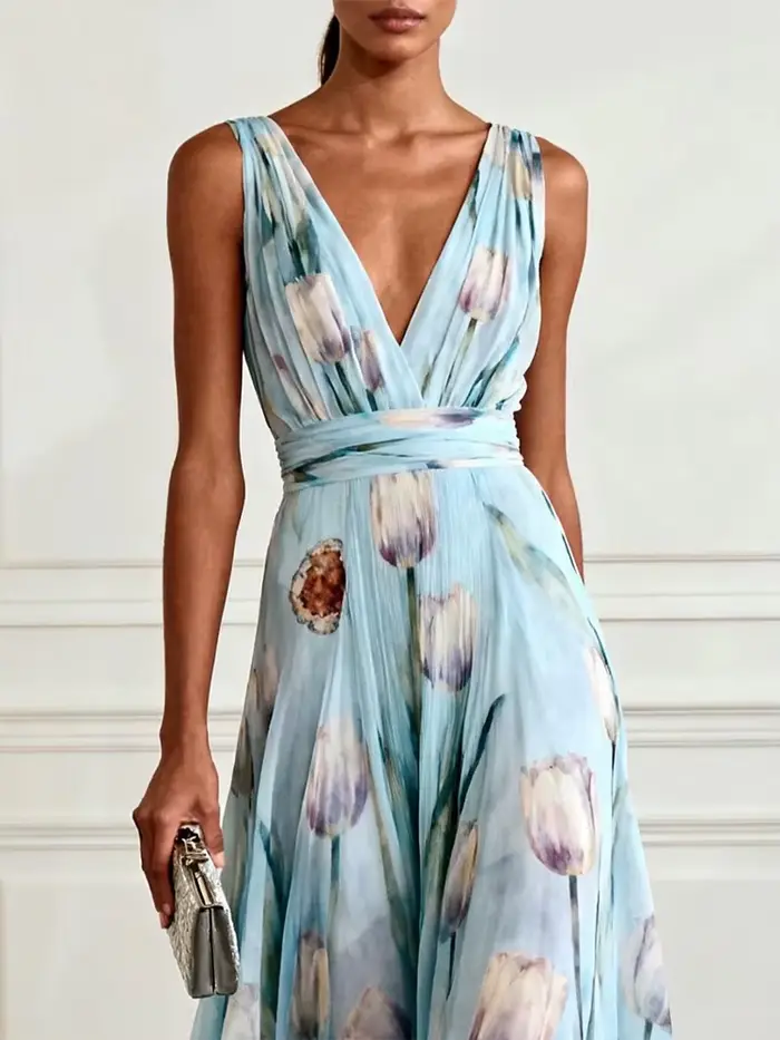 Robe longue en mousseline de soie à imprimé tulipes sans manches pour femmes, élégante et décontractée, idéale pour banquet et soirées spéciales