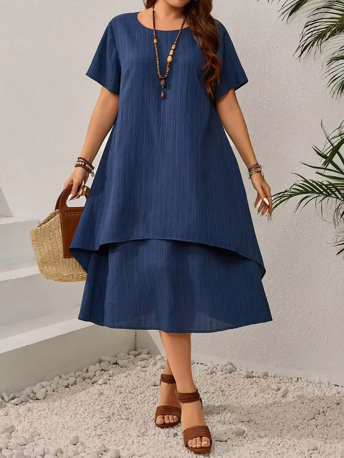 Robe ample bleu marine d'été pour femmes grandes tailles - Jupe midi irrégulière flatteuse