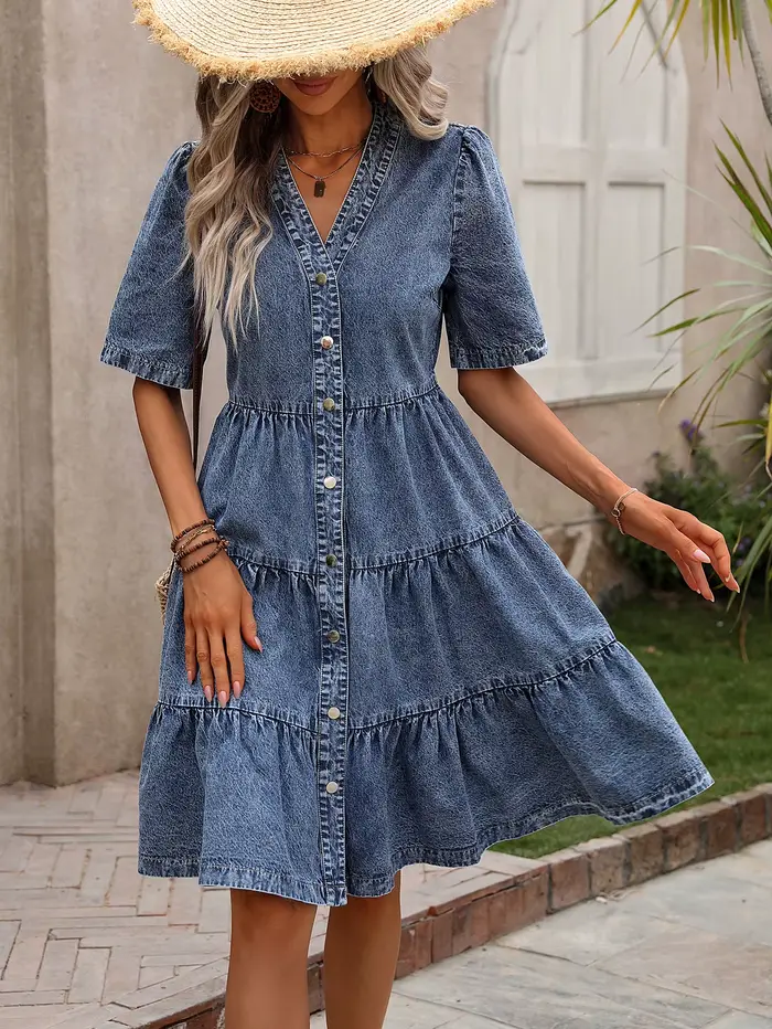 Robe en jean vintage délavée à volants pour femme style décontracté été col en V manches courtes volants trapèze ocassions spéciales