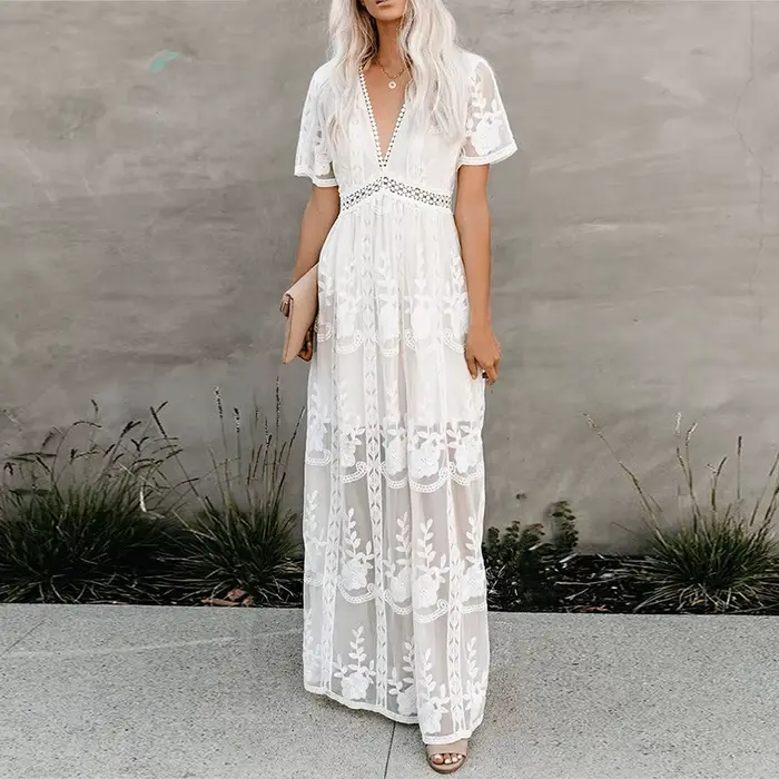 Robe longue en dentelle pour femmes, élégante, décoration, taille, manches courtes, col en v, couleu