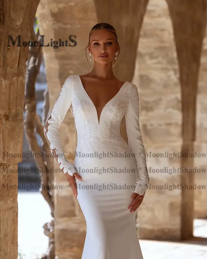 Moonlight charmante sirène robes De mariée pour les femmes dentelle Appliques col en V robe De soirée De Mariage