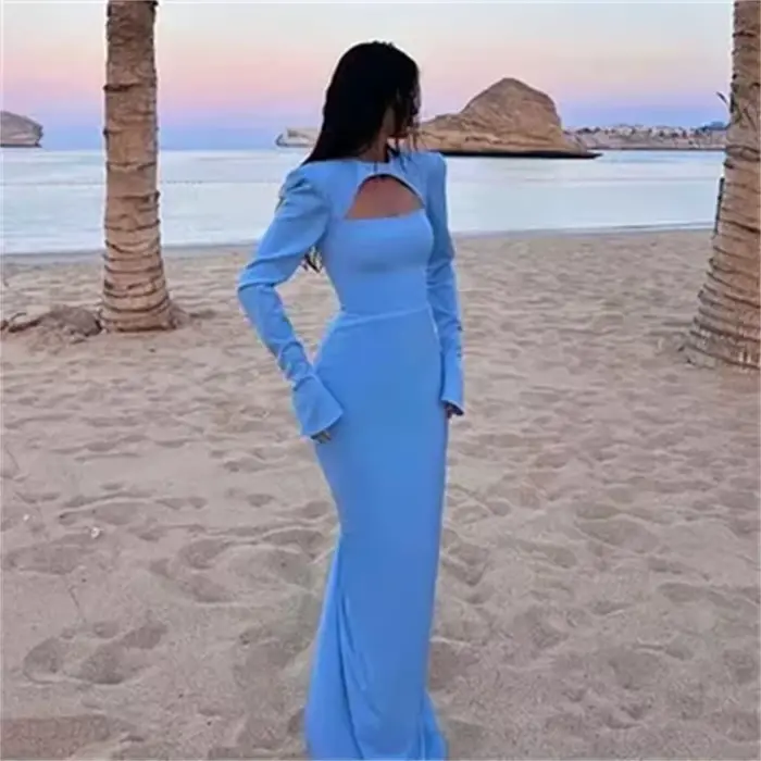 Robe de soirée élégante en polyester avec dentelle pour femmes, silhouette sirène, col rond, longue, pour occasions spéciales