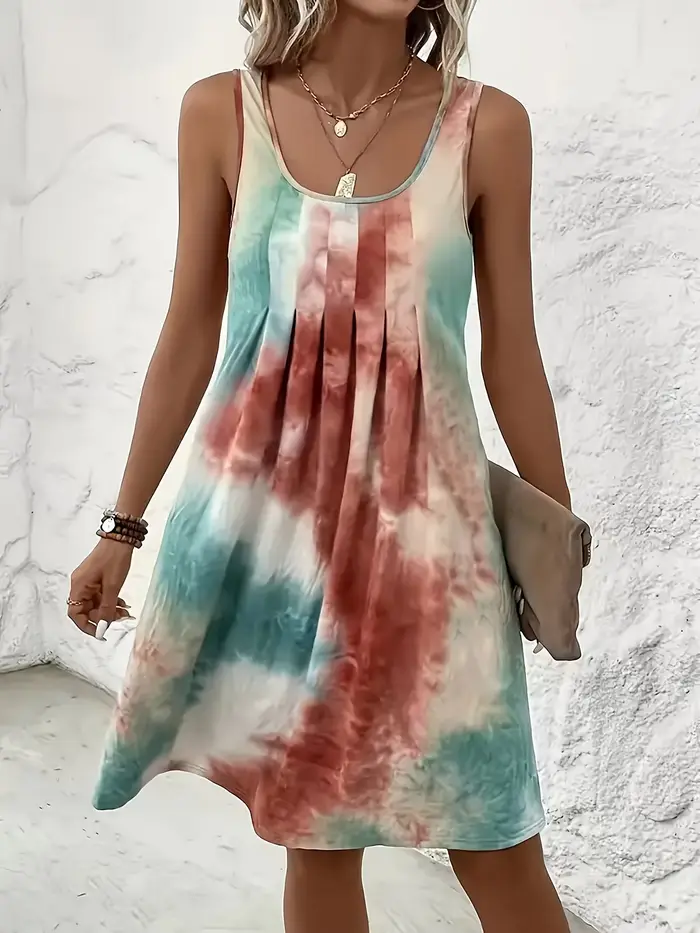 Nouvelle Robe Débardeur Femme 2026 Imprimé Tie-Dye Bohème Col U Plissée sur le Devant Coupe Ample Mini