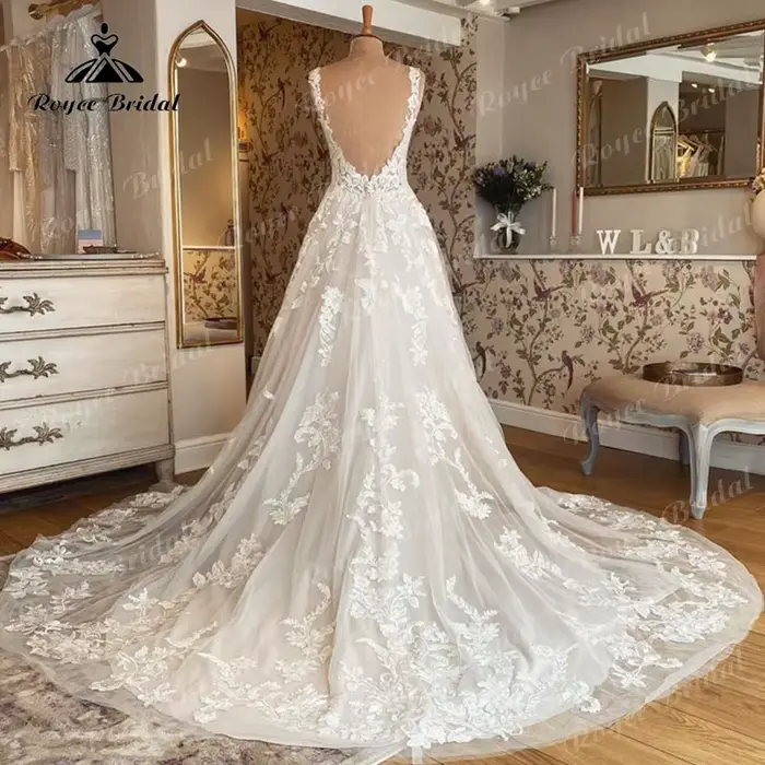 Robe de Mariée Bohème Personnalisée Blanc Dentelle Appliques Dos Nu Occasions Spéciales