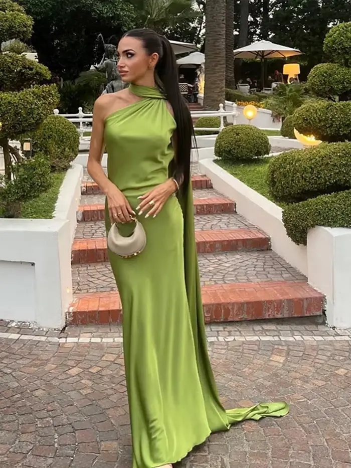 Robe longue dos nu à lacets pour femmes maxi collicollier écharpe couleur unie sans manches tenue de soirée nouvelle collection 2024