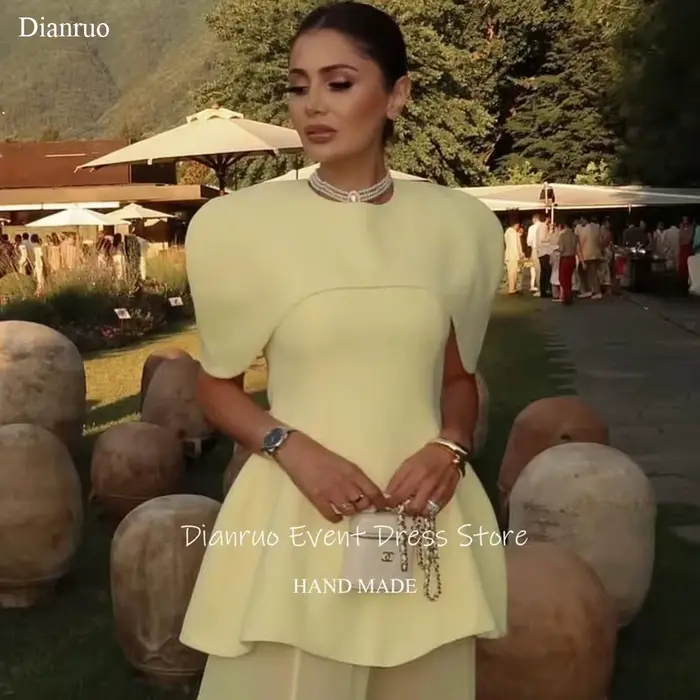 Dianruo jaune pâle une ligne robes De Soirée fente latérale col rond Robe