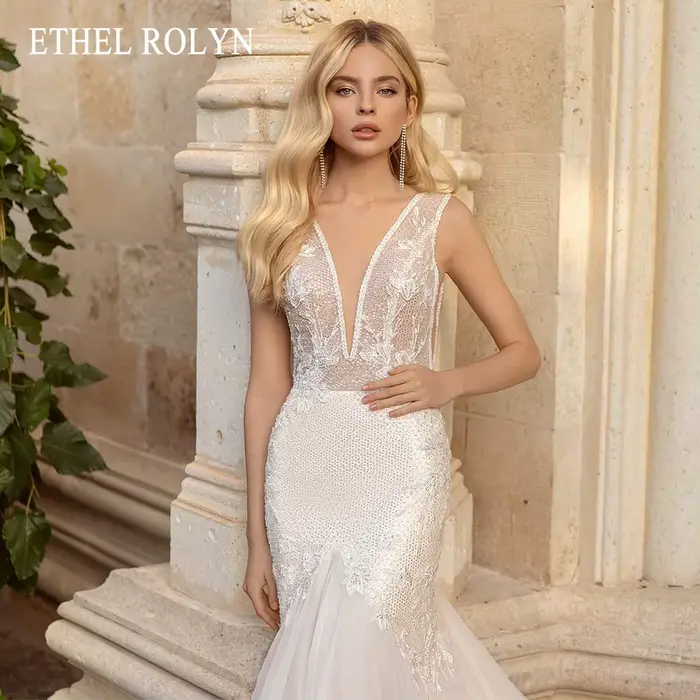 ETHEL ROLYN robe De mariée sirène chic col en v perlé dentelle Appliques dos nu mariée paillettes sa
