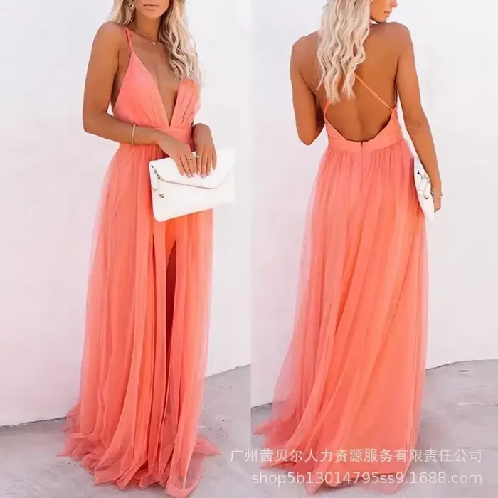 Robe longue de soirée pour femmes, taille haute, longueur au sol, Sexy, Orange, sans manches, dos nu