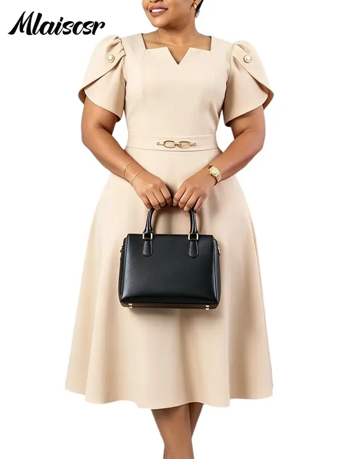 Robe midi trapèze Mlaiscsr élégante avec col en V et manches bouffantes pour femme, idéale pour le bureau, l'église et les occasions spéciales
