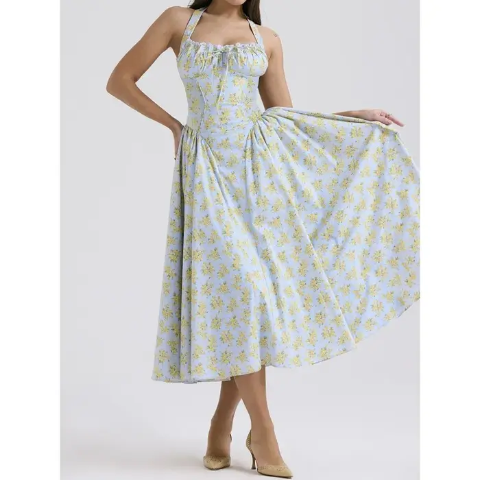 Robe midi KADUWAKI d'inspiration bohème à imprimé floral rose pour femme, sans bretelles, avec fente latérale, corset, robes d'été élégantes pour femmes, robes de soirée
