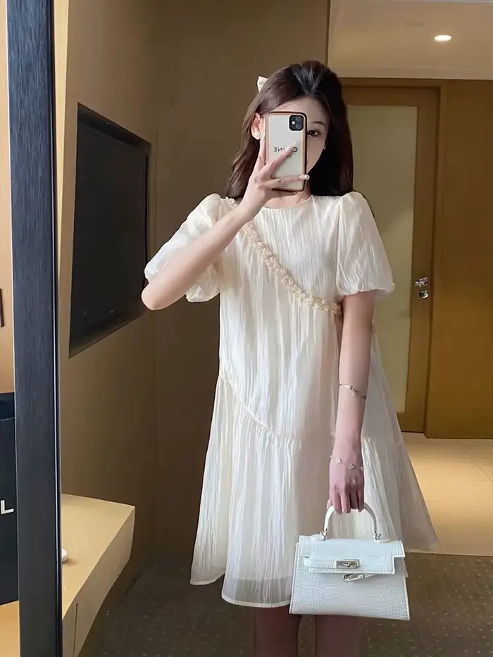 Nouvelle Robe en Chiffon Tendance pour Femme, Col Rond, Manches Courtes, Mini-Robe Sexy, Décontracté