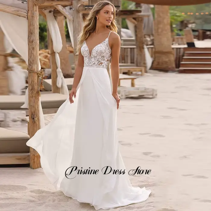 Robe de mariée de plage classique en mousseline de soie, avec des Appliques personnalisées en dentelle, col en v, bretelles Spaghetti, sans manches