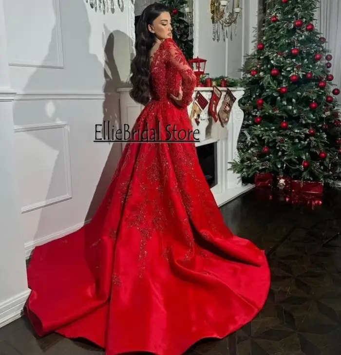Robe de soirée rouge de luxe, manches longues, perles, Satin, modeste, sirène, robe de soirée de mariage, dubaï, robes de fiançailles personnalisées
