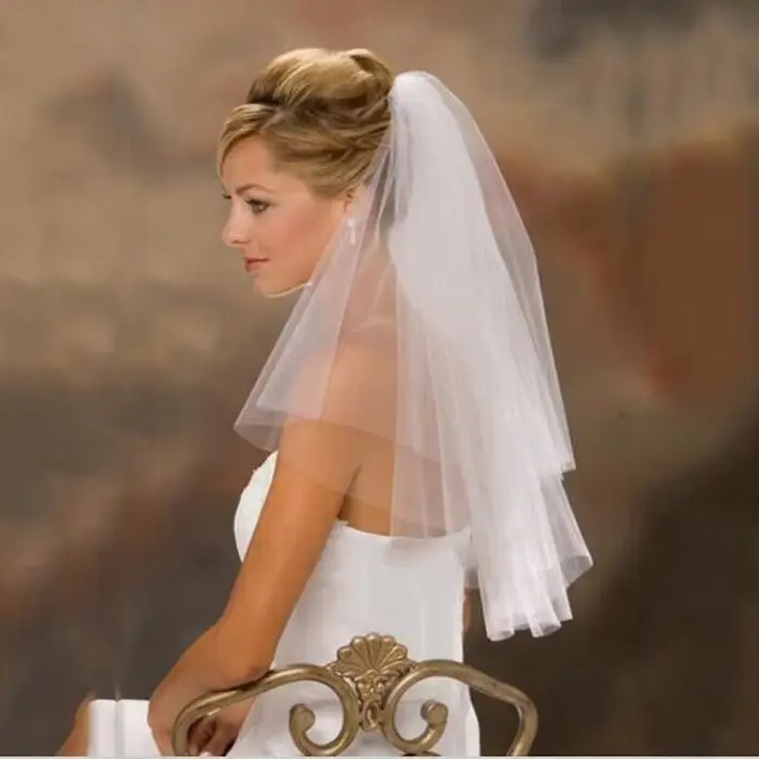 Voile de Mariage court bon marché avec peigne, bord coupé, 2 couches, accessoires de Mariage simples, 2024