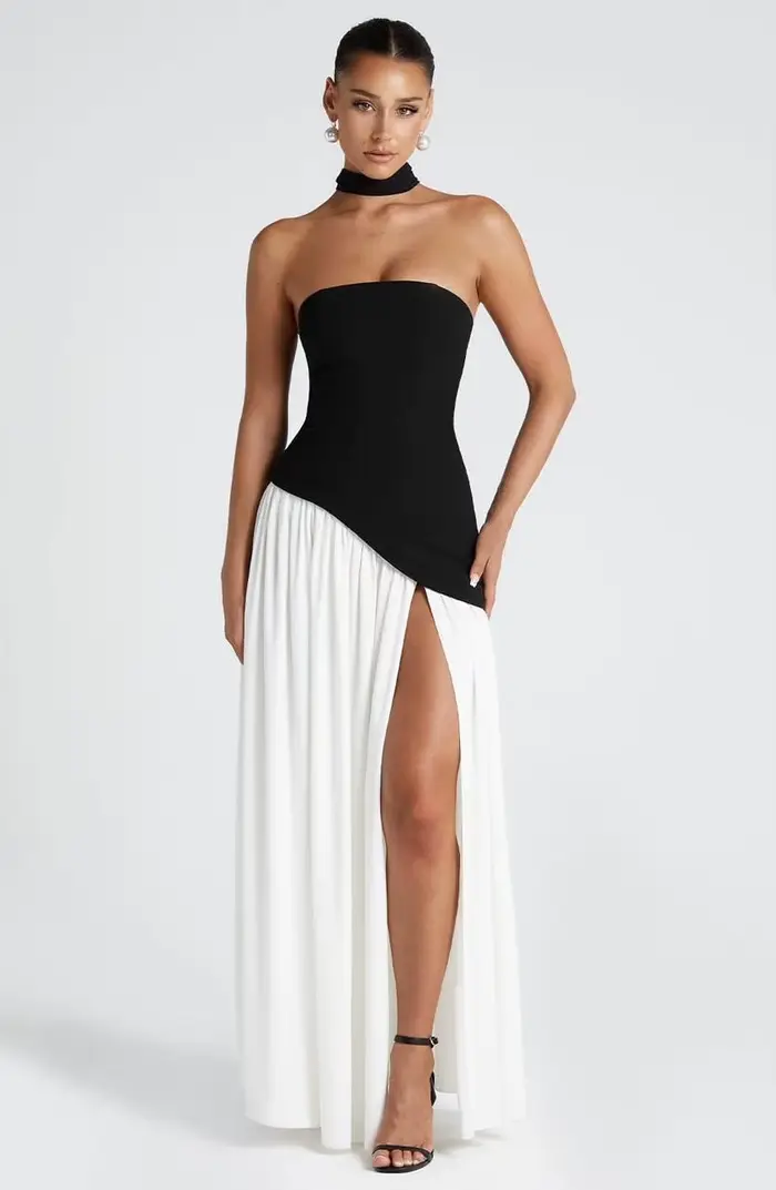 Nouvelles robes 2025 femme mode été gaine couleur unie robe fendue Sexy dos nu haute fente jupe vête