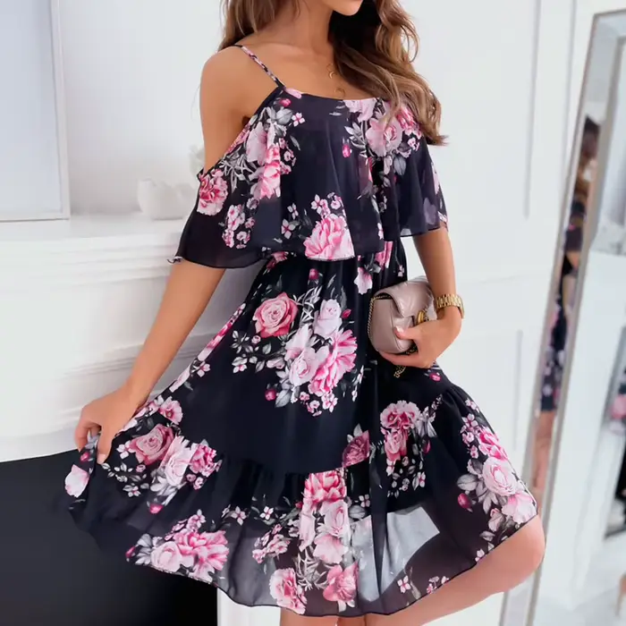 Robe en mousseline de soie à imprimé floral pour femmes, robe d'été sexy à bretelles, robe d'été élé