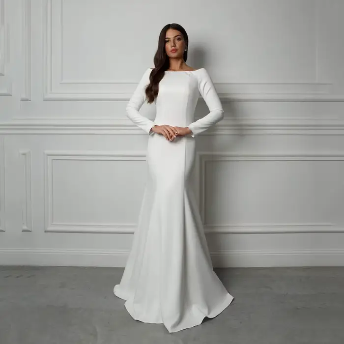 Robe de mariée classique élégante, modeste, manches longues, style sirène, dos nu, boutons, robes de