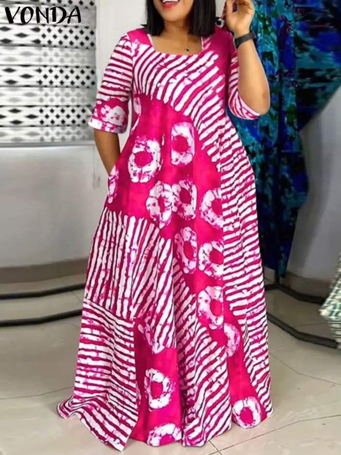 Robe Bohème Maxi VONDA Polyester Élasthanne Longueur au Sol Imprimé Col Carré Pour Femmes Aventures Estivales Loisirs Vacances Fêtes Plage Voyages
