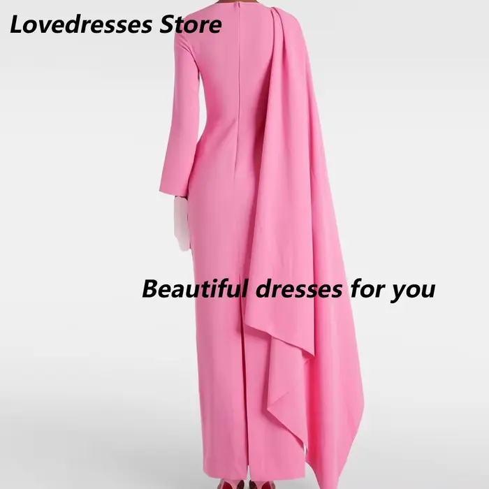 Robe de Soirée Élégante Rose Col Rond Manches Longues Plissée Jersey Cheville Coupe Droite Fente Arrière Occasions Spéciales