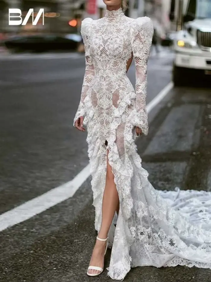Robe de mariée en dentelle à manches bouffantes, à la mode, romantique, col haut, personnalisée, cha