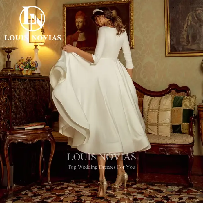 Modiis-Robe de mariée mi-longue en satin avec manches 3/4