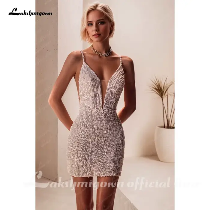 Lakshmigown – robe de mariée courte avec perles pour femme, col en v, au-dessus du genou, robe de ma
