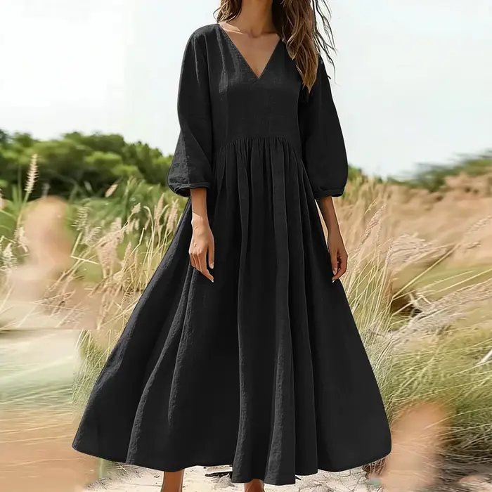 Robe longue bohème en coton et lin avec poches, col en V, jupe plissée, style décontracté, confortab
