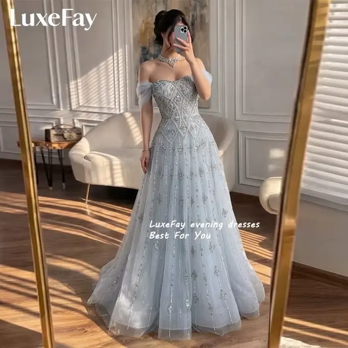 Robe de Soirée Personnalisée LuxeFay 2026 – Robe de Bal Gris Bleu Luxe Coupe A-Line Épaules Dénudées