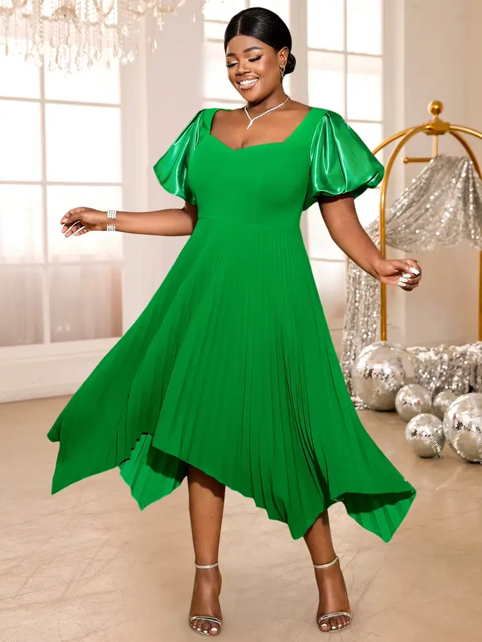 Robes mi-longues plissées pour femmes, avec manches courtes bouffantes et ourlet asymétrique, pour i