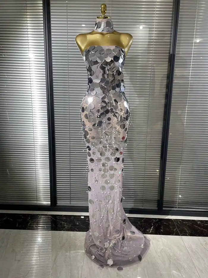 Robe longue sirène moulante transparente en maille à sequins argentés et dorés pour femme