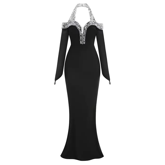 Robe longue sirène noire glamour avec strass, col licou, manches épaules dénudées, robe de soirée de